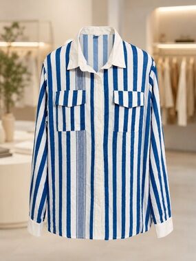 Striped Blue and White Button-Up Blouse